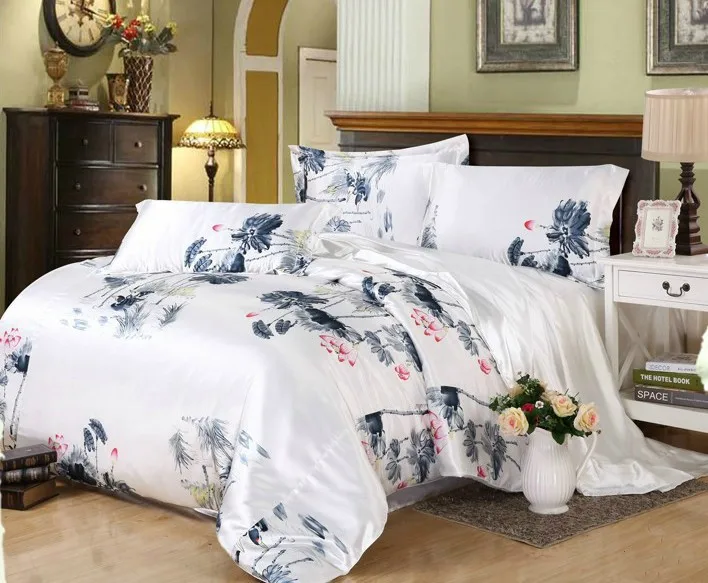 
hot sale China classical landscape painting soft silk bed covers pillow cases, bed sheet sets 