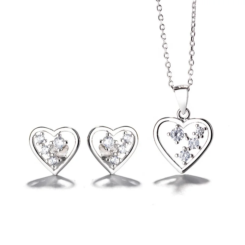 Wholesale Sterling Silver 925 Love Necklace and Earrings Set Heart Full Jewelry Set for Girls