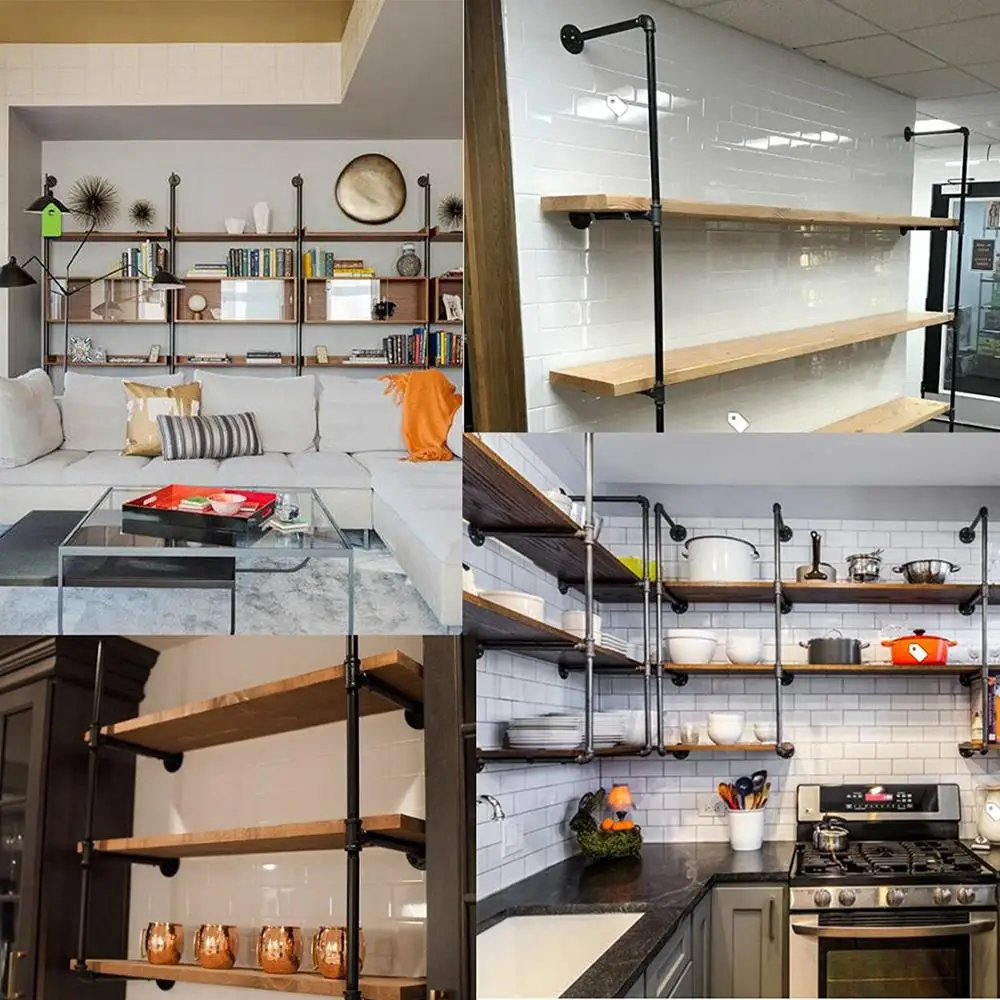 
Industrial Wall Mount iron Pipe Shelf Shelves Shelving Bracket Vintage Retro Black Open Bookshelf Bookcase DIY Storage office K 