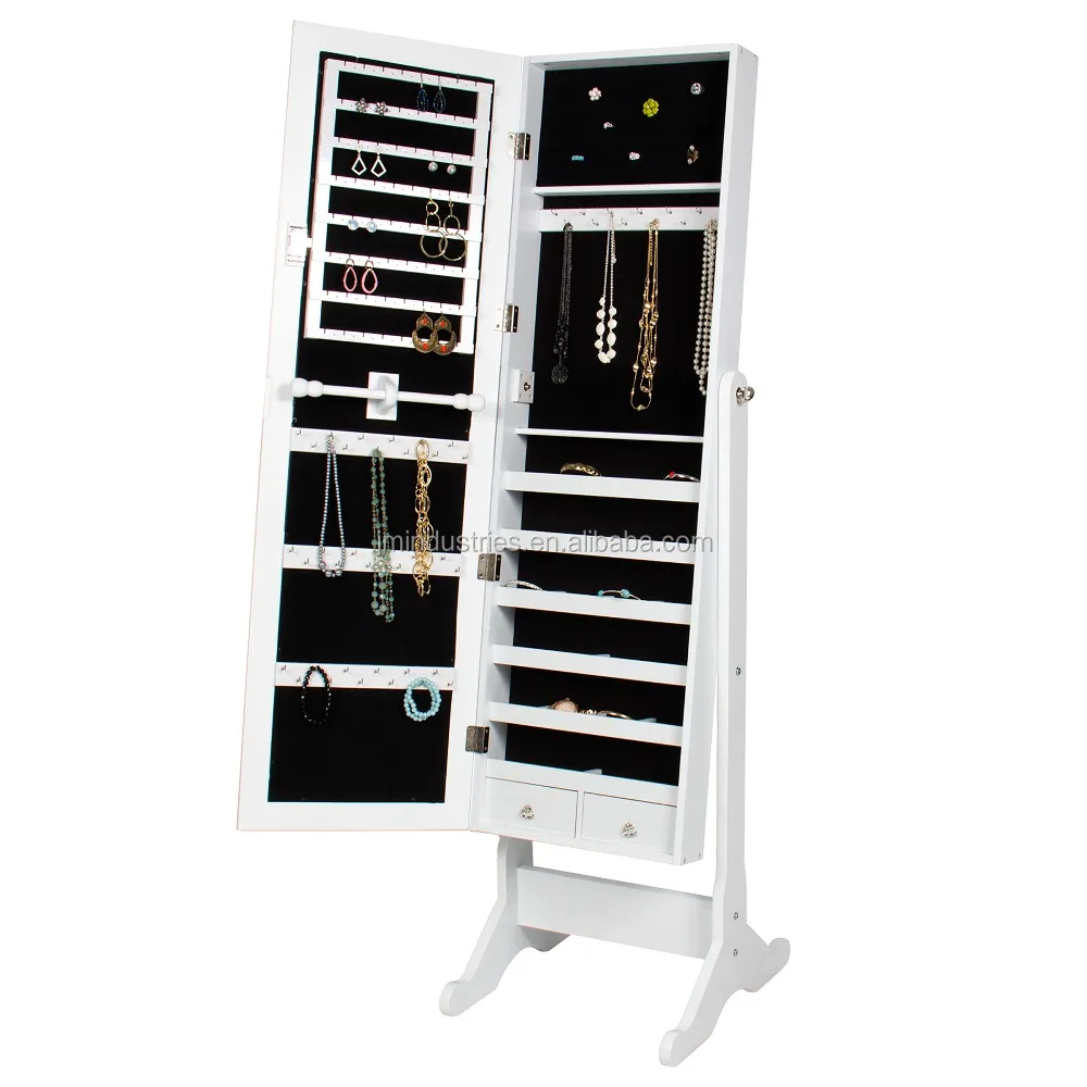 W Stand White Mirrored Jewelry Cabinet Armoire