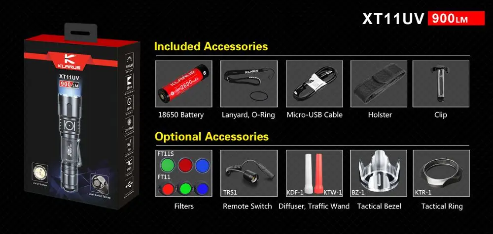 Klarus XT11UV Flashlight XP-L V3 365nm UV max 900LM Rechargeable Torch