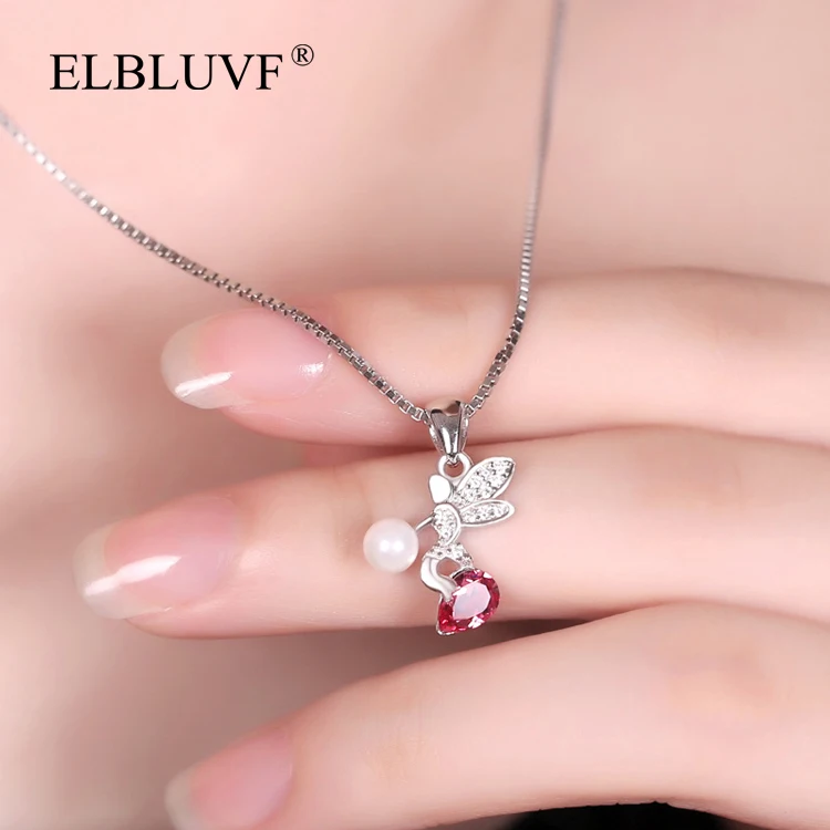 
ELBLUVF 925 Sterling Silver Free Shipping Lovely Angle Shape Pendant Zircon Artificial Pearls Jewelry For Women Girls Ladies 