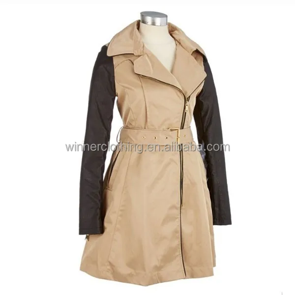 
2014 new factory leather sleeve trench coat for women 