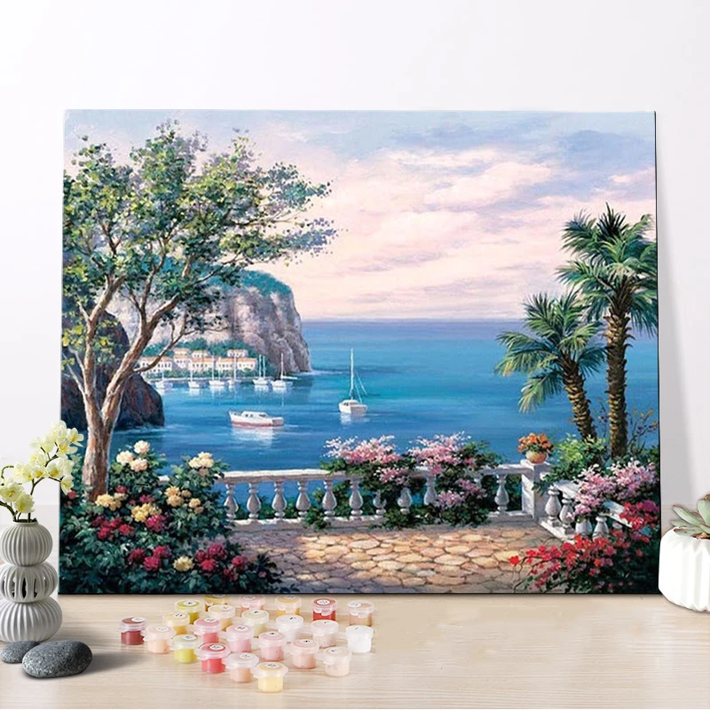 CHENISTORY DZ1063 Paint By Numbers Kits Oil Painting New Harbor With Wood Frame