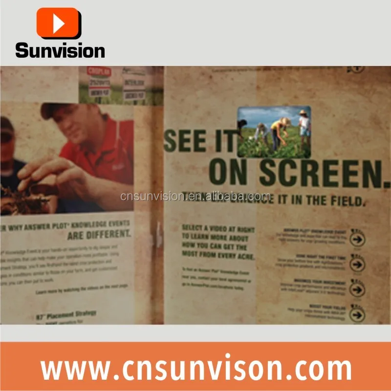 Sunvision accept custom order folded craft paper 7 inch TFT LCD display screen video brochure for advertising