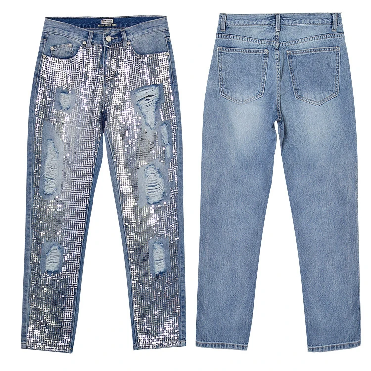 High Quality Washed Holes Jeans Embroidered Beads womens jeans