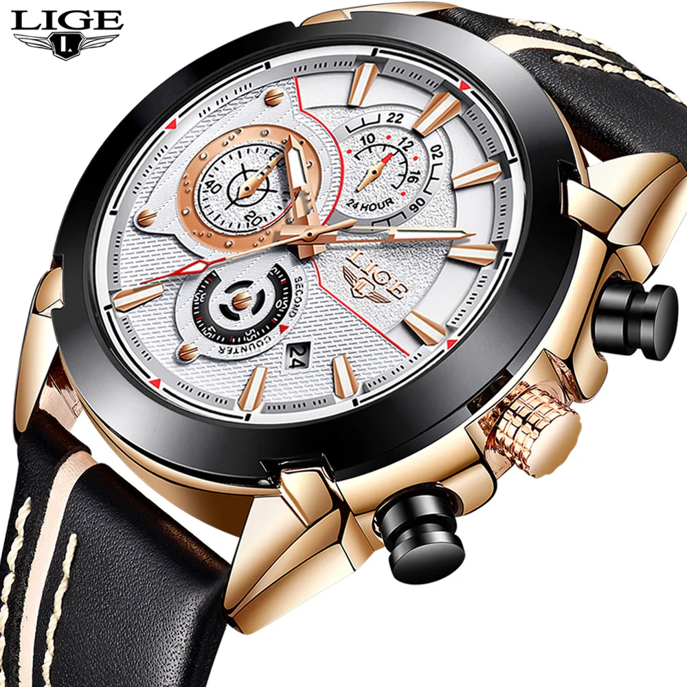 New Watches Men Luxury LIGE Brand Fashion Quartz Watch Date Waterproof Sport Man Clock Leather Stra