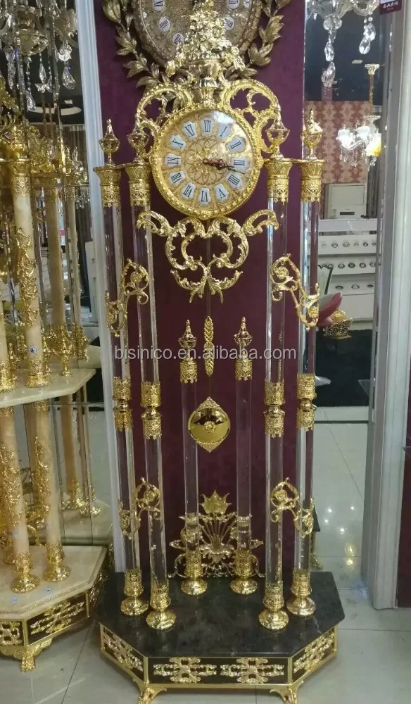 Large Size Gold Gilded Floor Clock, 24K Gold Plated Brass Mounted Crystal Clock with Marble Base
