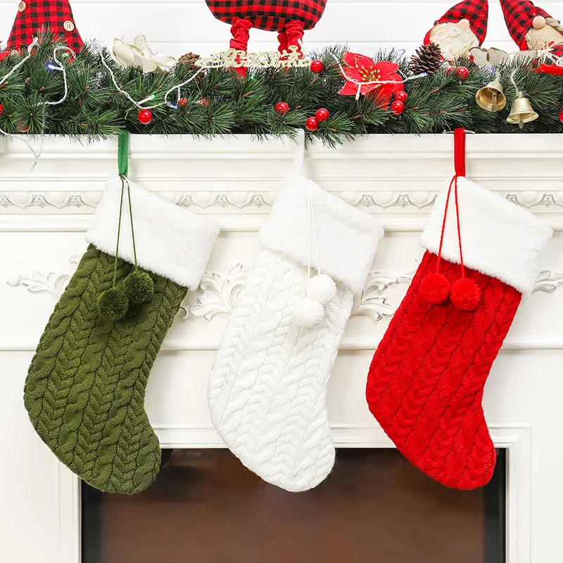 2021 thickened knitted Santa Stocking solid color long Plush Christmas stocking with fur
