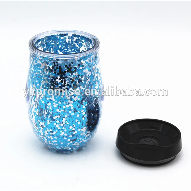 Plastic Confetti Wine Sippy Cups, 10 oz Glitter Stemless Wine Glass, double wall tumbler