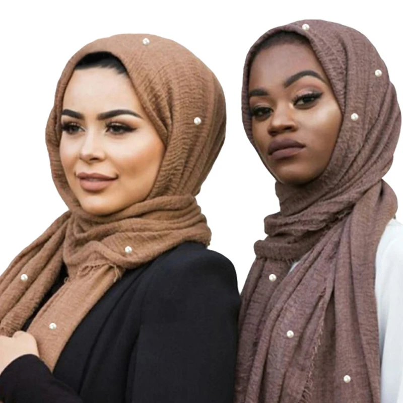 Women Fashion Pearl Cotton Beads Wrinkle Scarf Shawl Plain Crumple Wrap Foulard Pashmina Muslim Headband Hijab