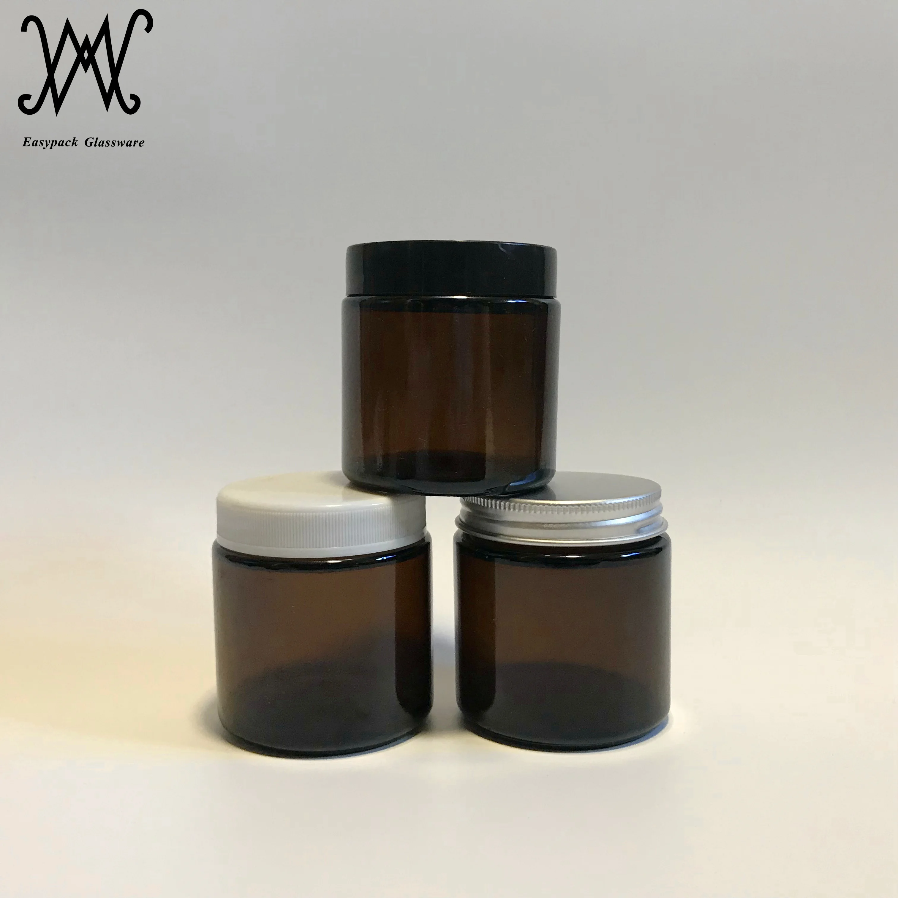 1oz 2oz 4oz 8oz straight sided round amber glass cosmetic jar with black plastic lid BPA free container