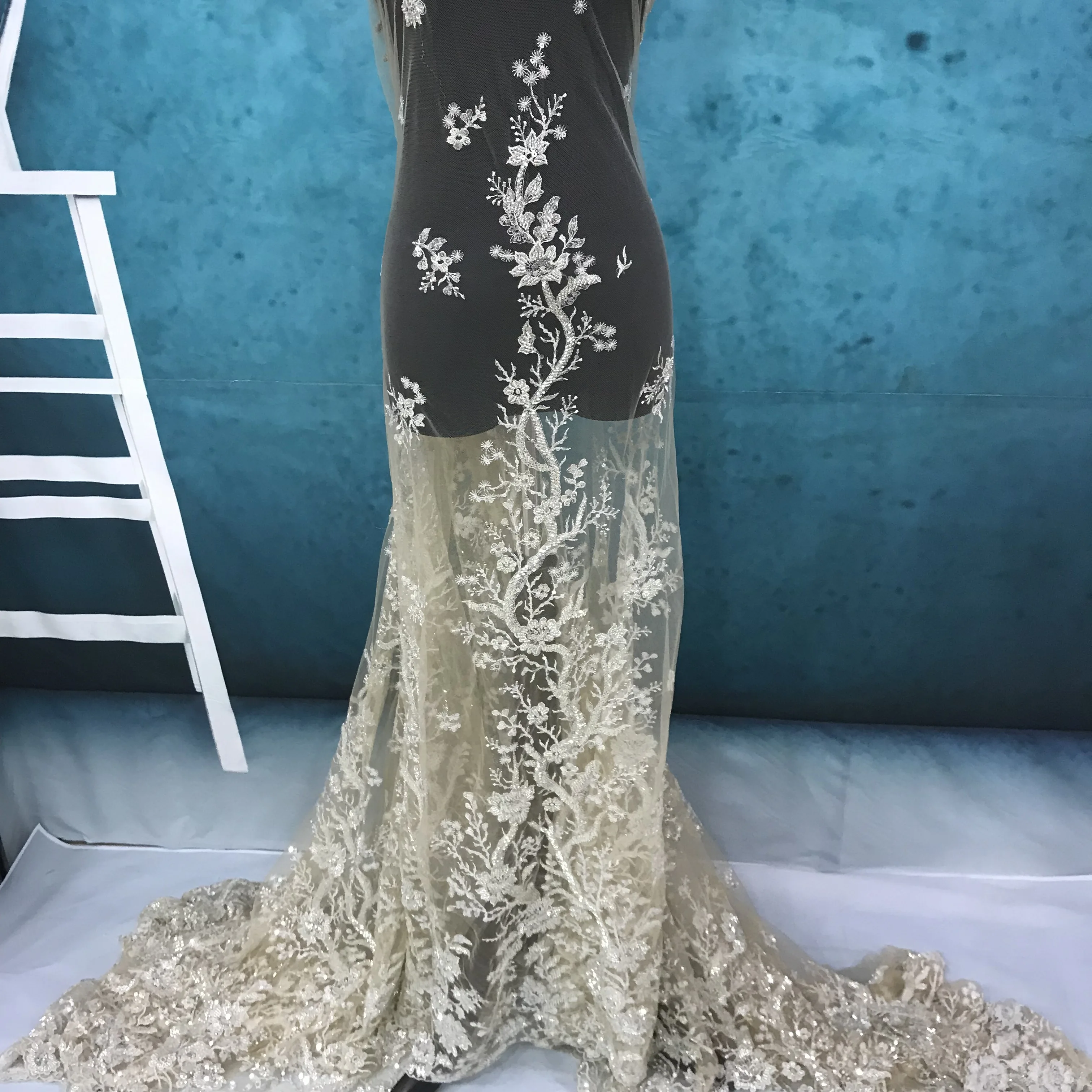 haute couture lace fabric encrusted beads design in stock