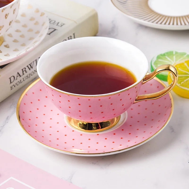 New Design Gold Plate Handle pink ceramic Tea  cup and saucer