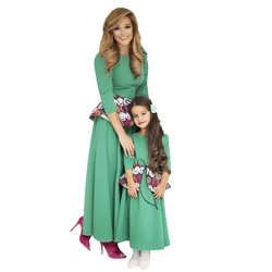 Latest Family Matching Clothes Long Sleeve Green Mommy and Me Mix Dresses