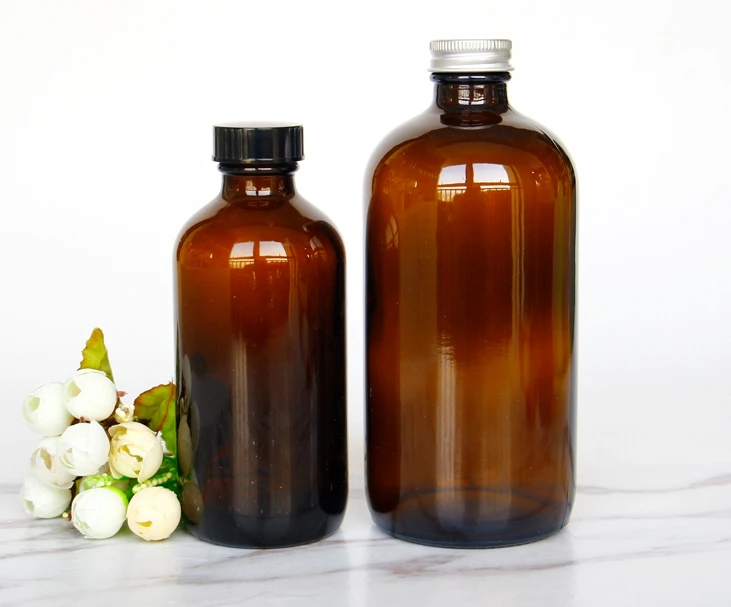 8 oz 16 oz 32 oz Clear Amber Boston Round Juice Glass Bottles For Kombucha Tea Soft Smoothie