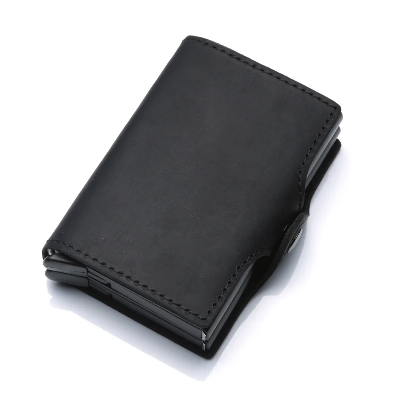 Credit Card Holder Genuine Leather Wallet With Two Aluminum RFID Blocking Holders Antimagnetic Boxes