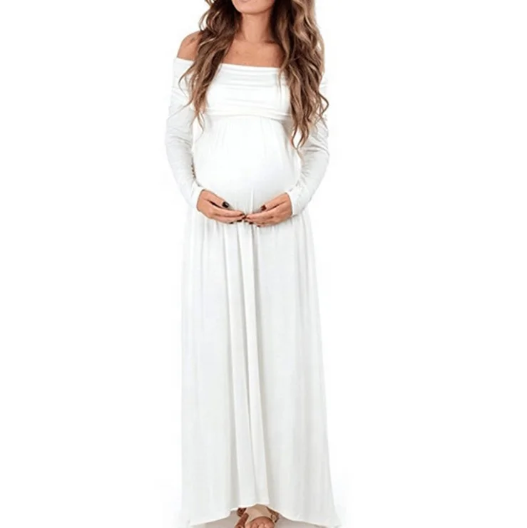 Off Shoulder Long Sleeve Solid Pregnant Photography Photo Shoot Maternity Clothes Casual Long Maternity Dress For Photography