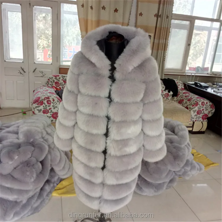 High Quality Artificial Faux Fox Fur Coat Fake Fur Jacket with hood