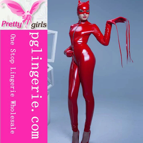 Wholesale race girls suit Wet Look zipper Front Sexy Bodysuits black and red faux leather catsuit
