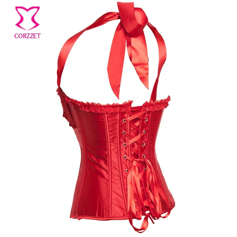 Corzzet Side Zipper Ribbon Halter Overbust Corset Top Front Bow Satin Bustier Lace Trim Bordered Women Christmas Sexy Red Outfit