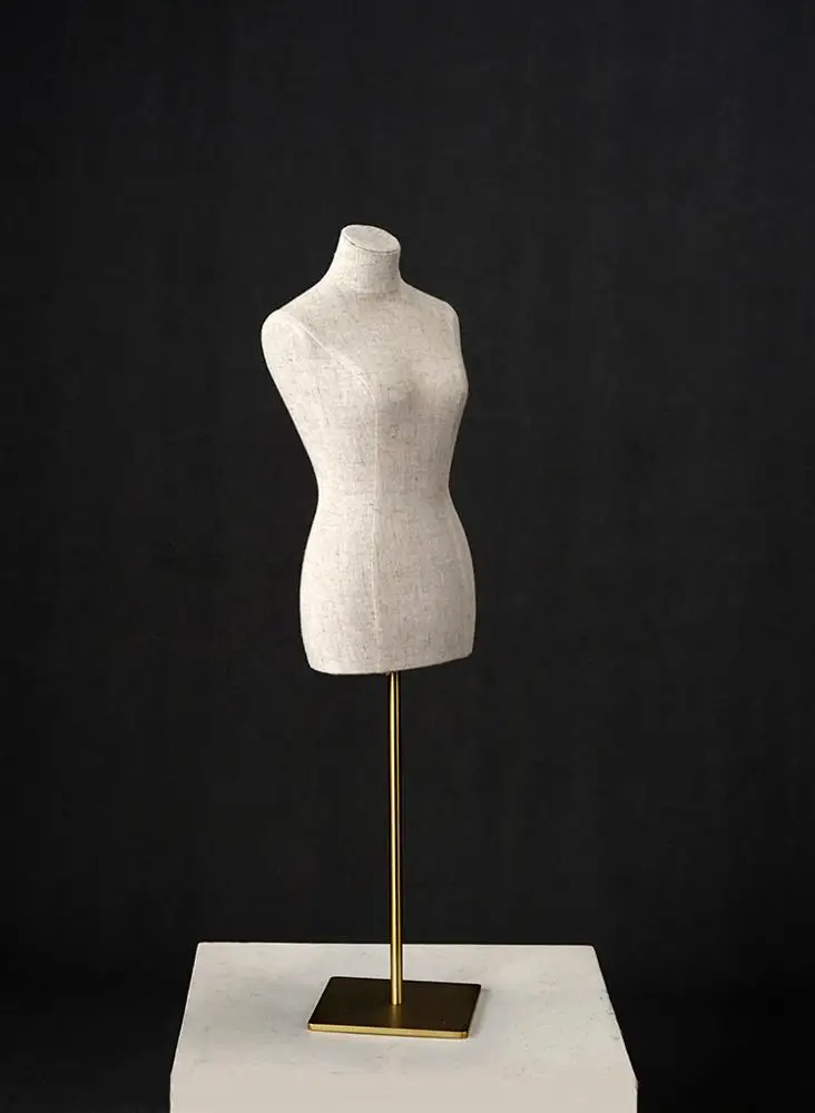 linen fabric cover female mini bust mannequins with gold base