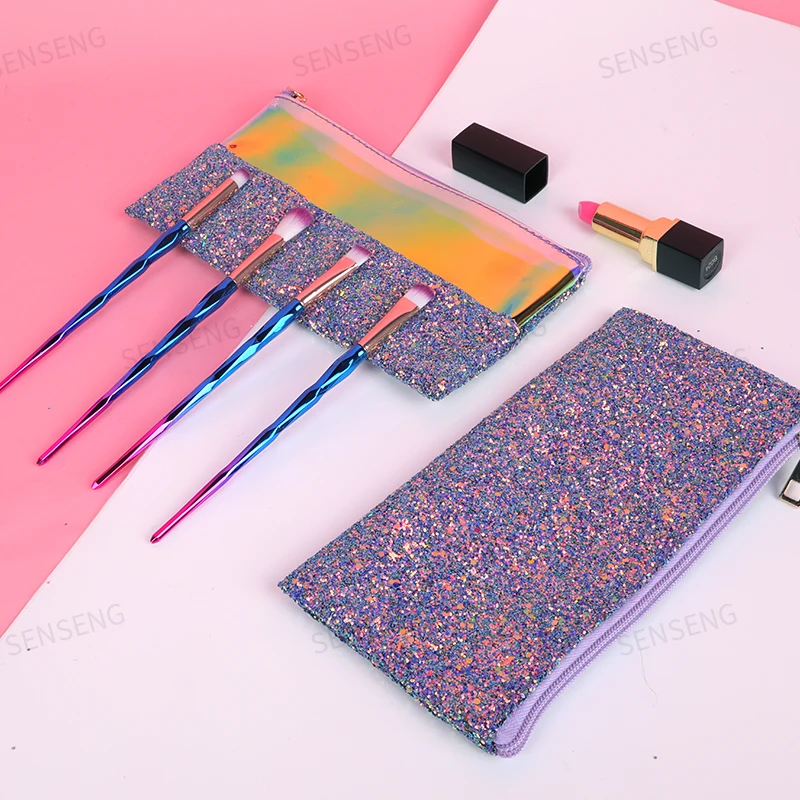 
New design iridescence glitter pouch 4ct Cosmetic Eyeshadow brushes gift set 