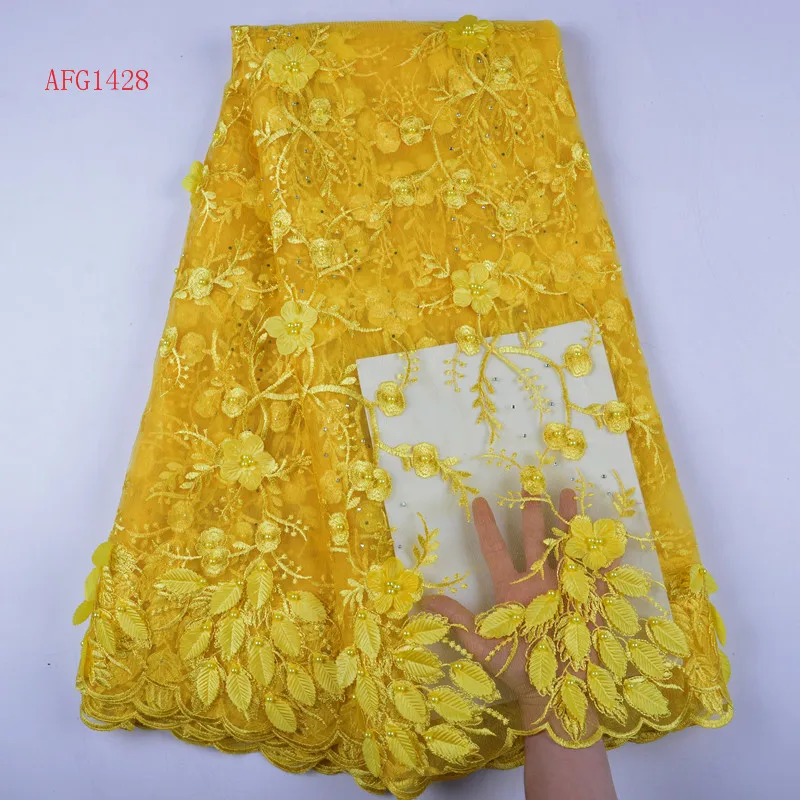 Wholesale Yellow Embroidery Mesh Lace Fabric 3D Flower With Beaded African Tulle Lace Fabrics For Wedding Party