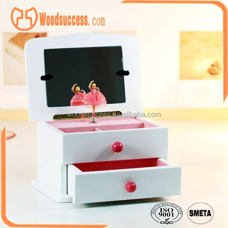 Wood dancing ballerina musical jewelry box with drawers