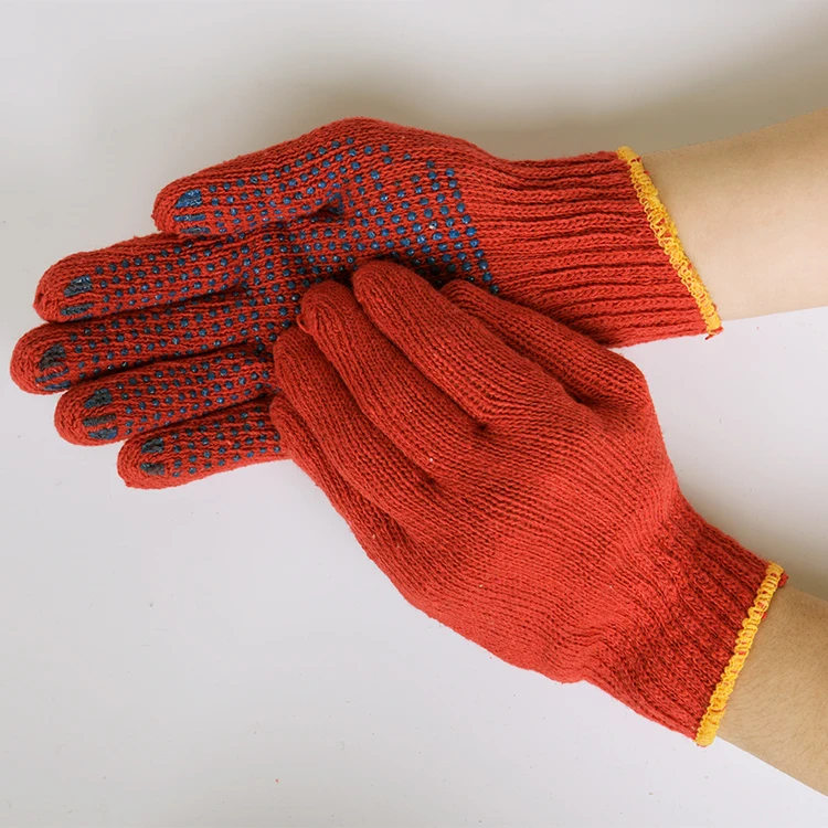 Wholesale Labor Protection Red Knitted Cotton Safety Glove With PVC Dots Seamless Yarn Knitted Personal Protective Equipments