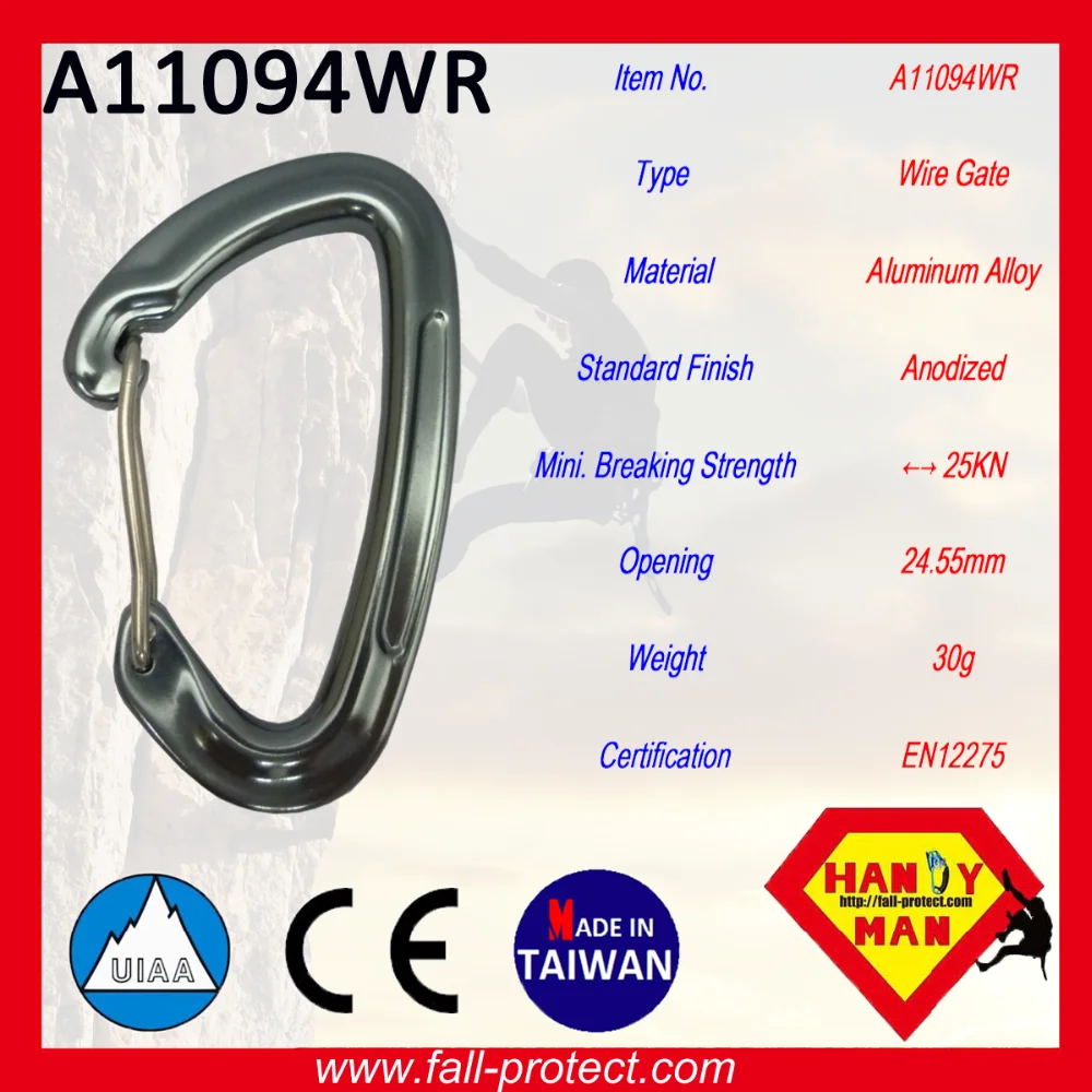 CE Rock Climbing Hook Anodized OEM ODM Outdoor Sports 25KN Wire Gate D Type Aluminum Carabiner