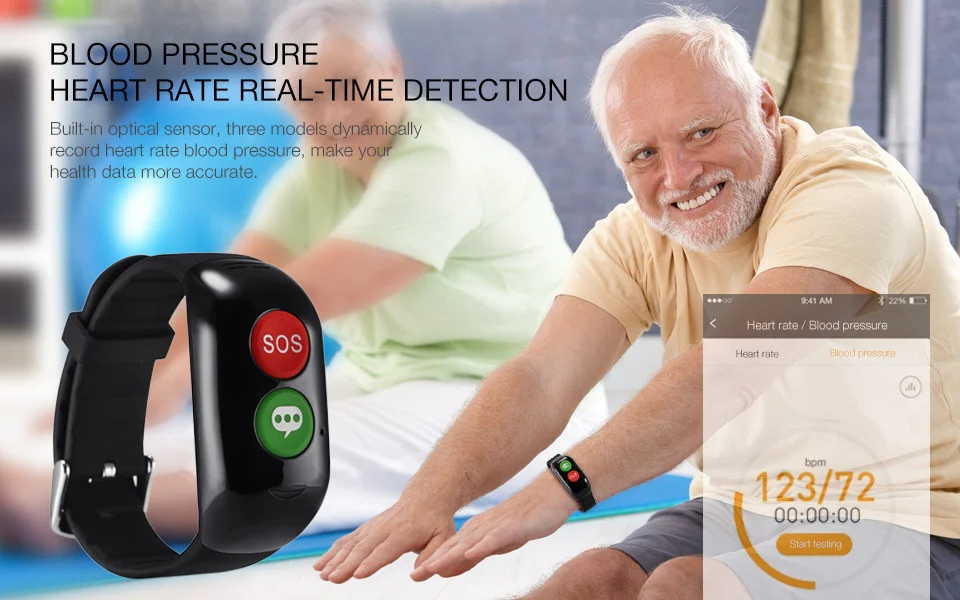 Смарт-часы SOS с одной кнопкой для экстренного вызова, с функцией отслеживания сердцебиения и кровяного давления