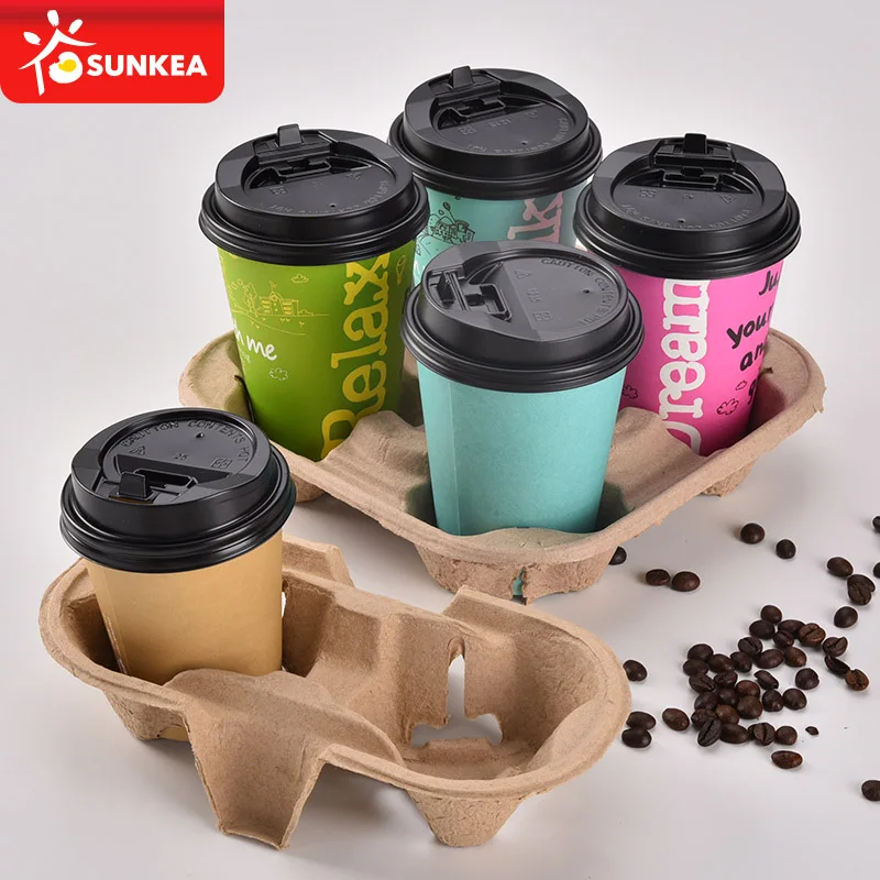 2 cups 4 cups takeaway pulp mould coffee paper cup tray holder