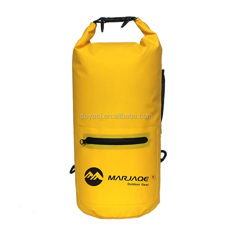 500D PVC tarpaulin waterproof dry bag with double adjustable straps front zipper pocket and side mesh pouch for camping