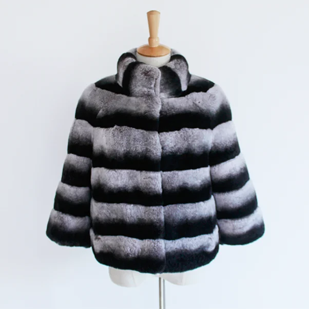 Chinchilla Color Top Quality Fur Jacket / Soft Feel Rex Rabbit Fashion Fur Coat