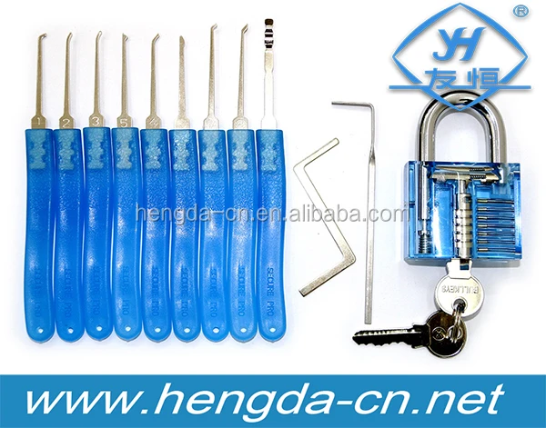 YH9296 Hot sale light blue Practice Padlocks + 9 Piece Unlocking Lock Pick Set Key Extractor Tool
