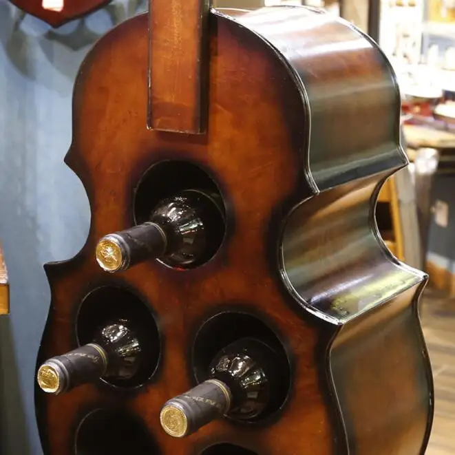 Mettle Hot Sale Wholesale Big Handmade Retro Violin Wooden Creative Wine Holder For Bar Decoration