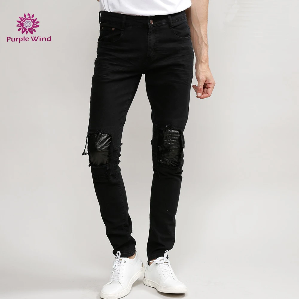 Fancy chinese factory patches black skinny denim men jeans