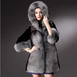Luxury design women long sleeves with genuine silver fox fur coat