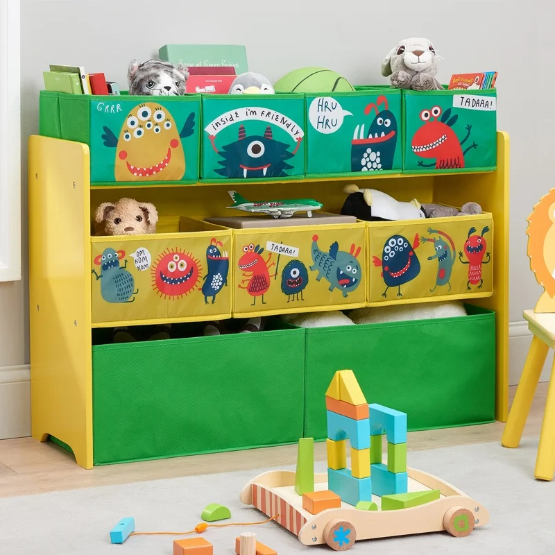 
Toffy & Friends Deluxe 9-Bin Toy Storage Organizer Wooden Toy Shelf with Fabric bins 