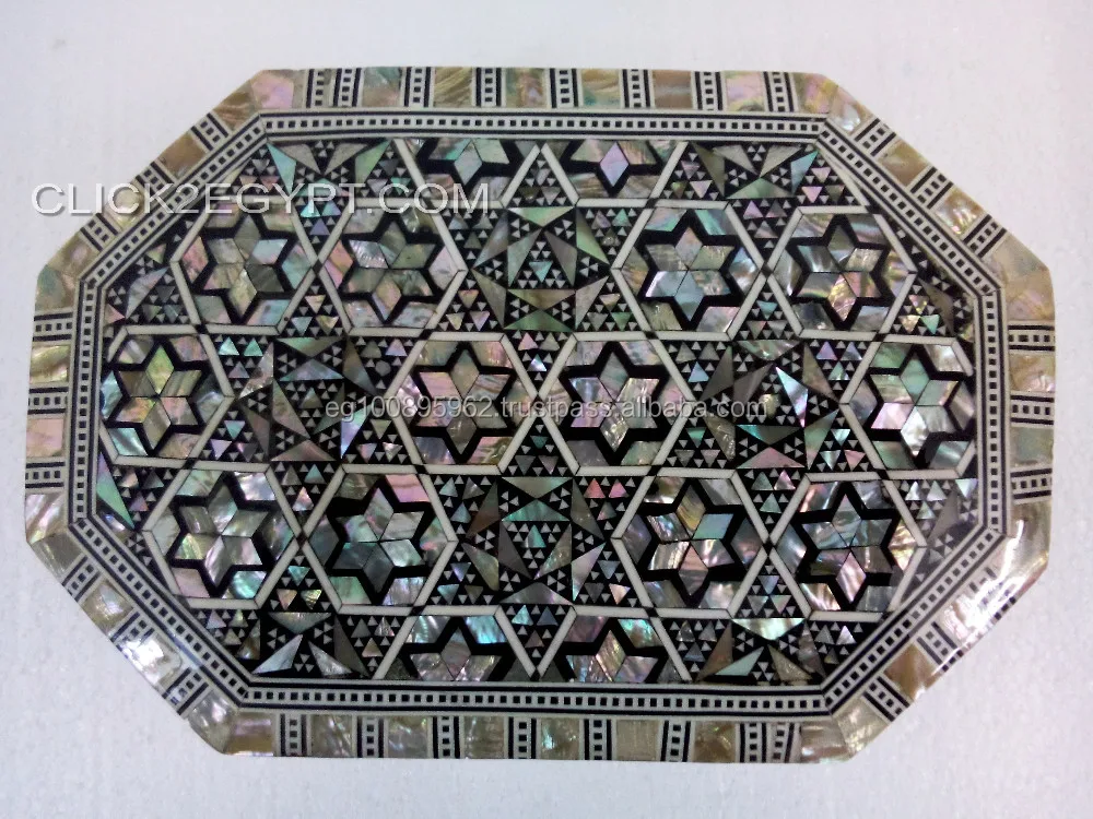 J23 Egyptian Mosaic Trinket Mother of Pearl Wood Jewelry Box