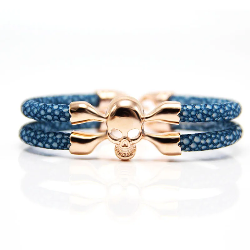 Wholesale Punk Cool Genuine Lovely Leather Skull Stingray Statement Bracelet African