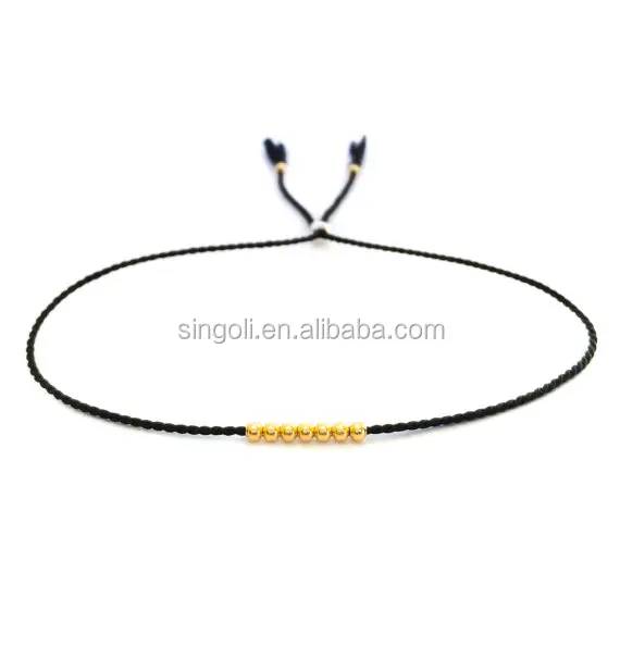 14K Solid Gold Seven Wish Friendship Bracelet Silk Cord Beaded Bracelet