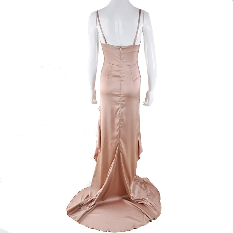 Sexy suspenders open back side slit evening dress