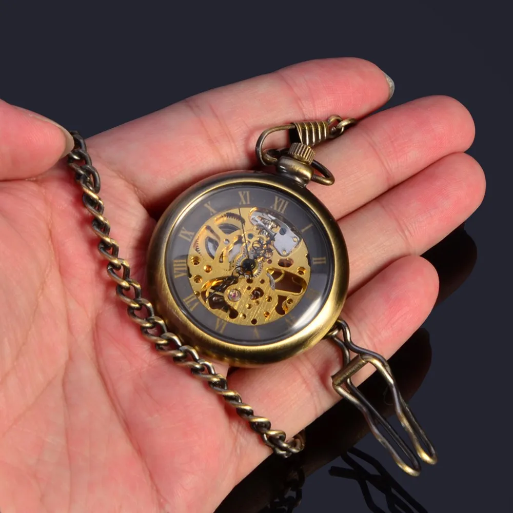 Vintage type mechanical skeleton copper bronze material for men open face Pocket Watch
