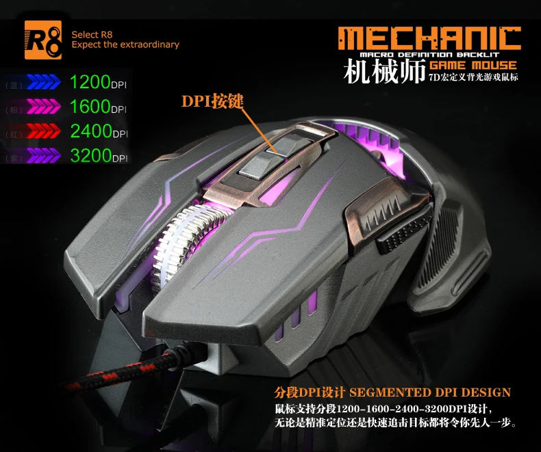 R8 7D Global Hot Sale OEM USB Optical Ergonomics Wired Computer Gaming Mouse with Colorful Led Light