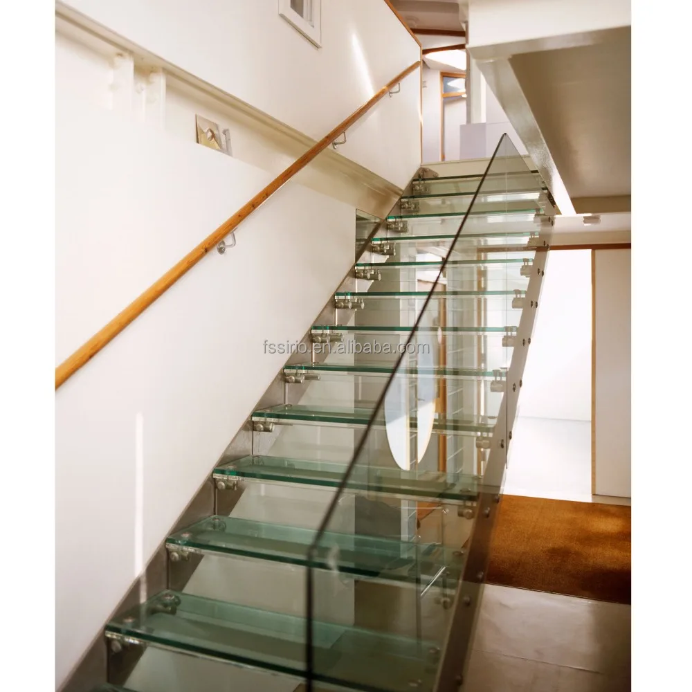 
Straight staircase design with solid wood treads or laminated glass treads indoor used 