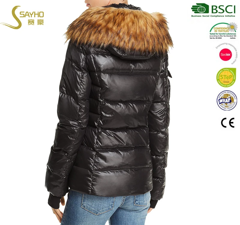 
OEM ODM custom women nylon feather down jacket with fur hood 