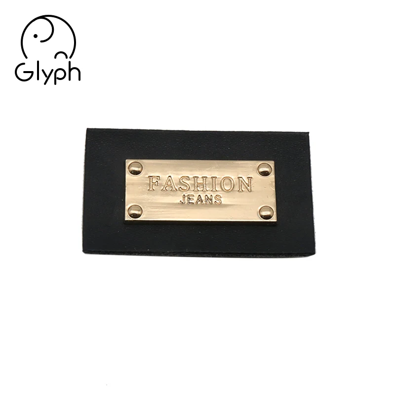 Custom jeans black leather patches with metal embossed logo labels for denim