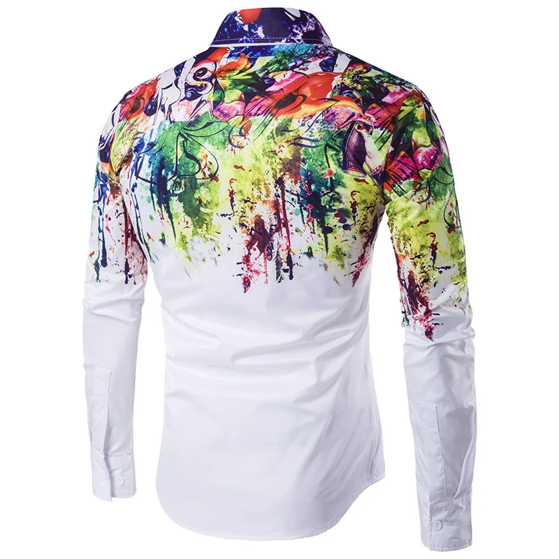 A3872 Male flowers splash ink paint long sleeve cotton polyester Korean white shirt